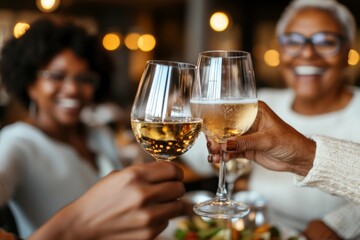 Friends celebrate with wine glasses raised during a joyful gathering at a restaurant in the evening