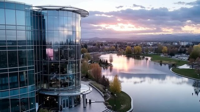 Golden hues from the setting sun dance on the lake's surface while modern architecture creates a striking contrast against a beautiful natural landscape during evening time