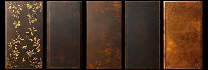 Elegant Rustic Metal Panels - Four rectangular metal panels showcase diverse textures and finishes, from ornate floral detailing to rustic, distressed appearances. Perfect for design inspiration