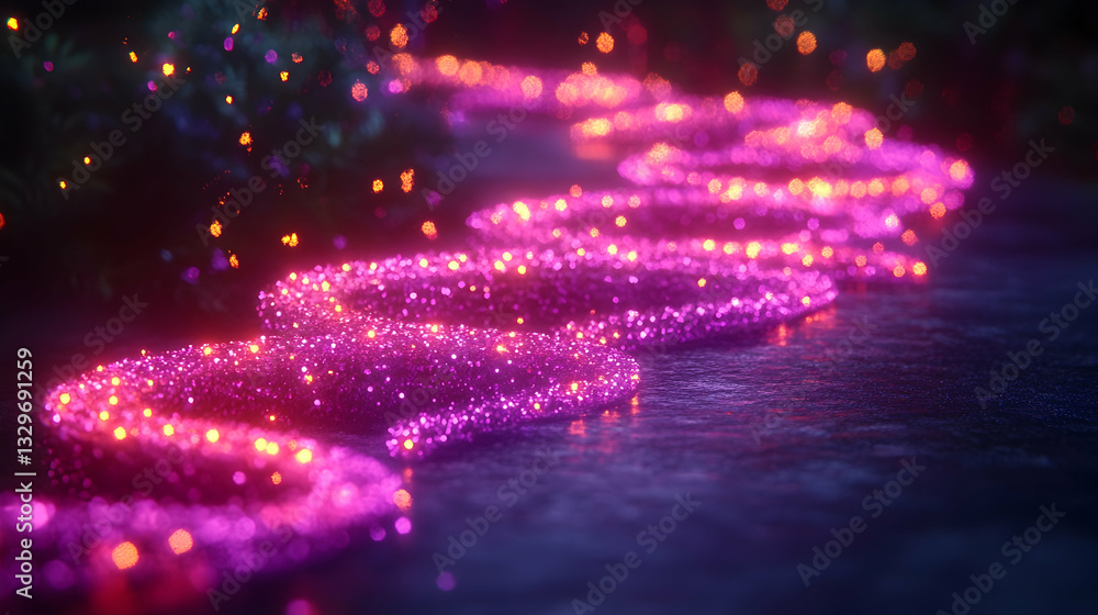 Poster glowing pink and orange particles form a winding path on a dark, reflective surface. surrounding fol
