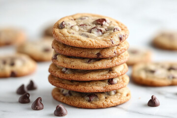 Stack of chocolate chip cookies with chocolate chips on a rustic wooden table.