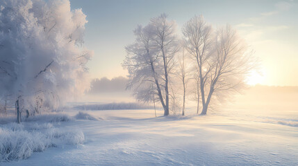 A serene winter landscape with frosted trees and soft morning light. Frosted Luminance. Illustration