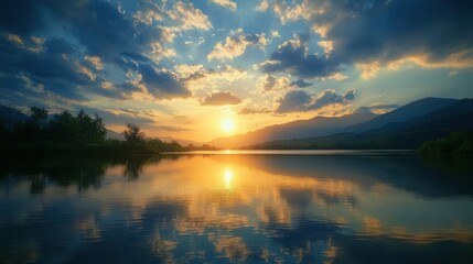 Fototapeta premium Serene Sunset Over Calm Lake and Mountains