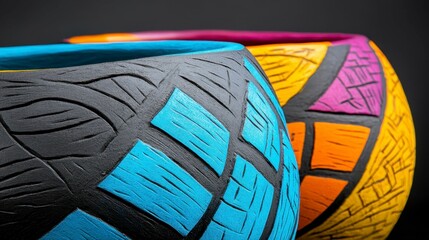 Fototapeta premium Colorful handcrafted pottery bowls with intricate patterns set against a dark background, showcasing artistic craftsmanship and vibrant hues
