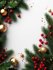 Festive Evergreen Border with Red Berries and Gold Ornaments - Celebrate the holidays with this elegant design. Symbolizing joy, peace, prosperity, tradition, and warmth, it's perfect for cards