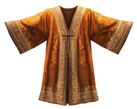 vibrant orange robe featuring intricate embroidery and wide sleeves, perfect for wizard or magical character. shimmering fabric adds mystical touch to any fantasy setting