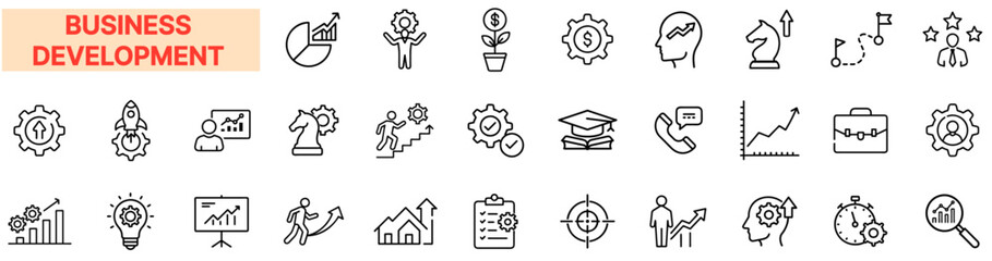 Business Development Line Icons Set – Growth, Strategy, Market, Finance, Planning, Success, Investment, Sales, Analysis, Goal