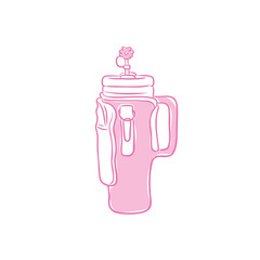 Cute pink stanley cup with flower straw vector, hand drawn pink tumbler clip art