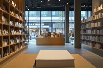 Modern Bookstore Interior with Blank Book on Wooden Table, Stylish Design