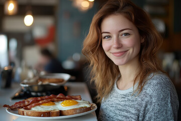 Woman smiling, holding plate of food.