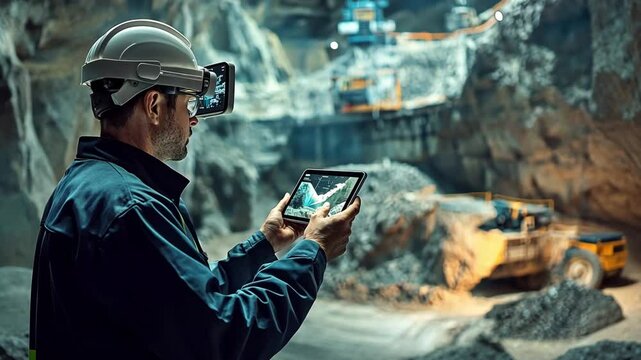Futuristic Mining Engineer Using Augmented Reality and Digital Tablet to Analyze Excavation Data in an Advanced Underground Mining Operation