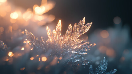 Delicate frosted plant with intricate ice crystals sparkling under soft light. Frosted Luminance. Illustration