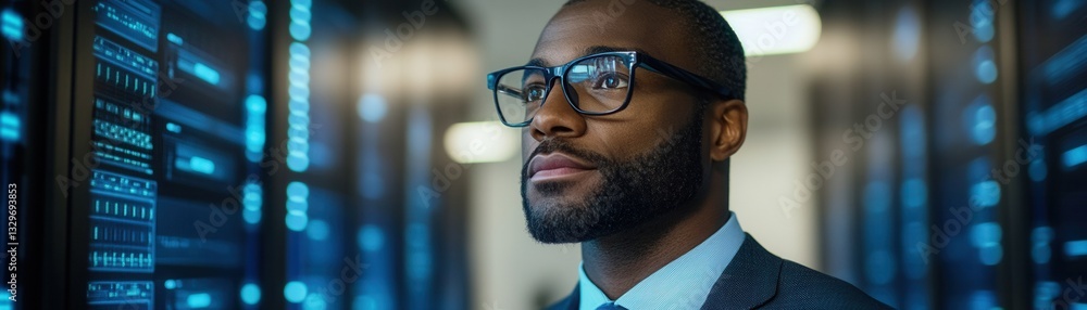 Poster computer security concept, professional man in glasses examines data servers in a tech environment.