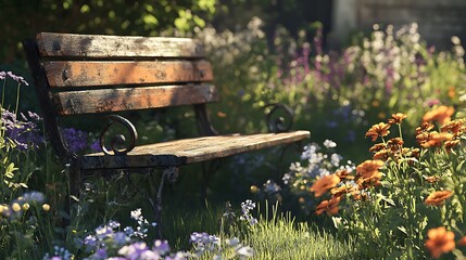 Naklejka premium Rustic wooden bench in a lush garden with vibrant colorful flowers.