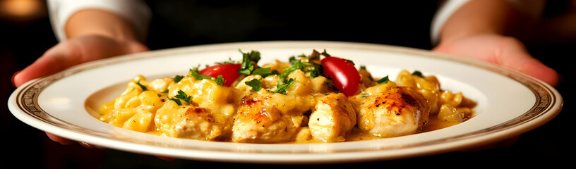 Creamy chicken pasta dish served