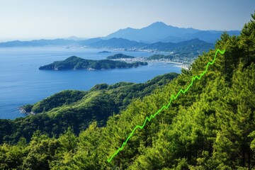 Fototapeta premium image of a graph showing an increasing green positive trend line, against the nature landscape, positive growth , increasing growth , uptrend 