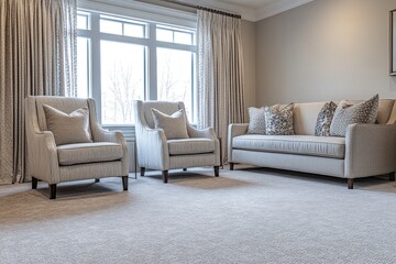 Modern living room with neutral beige furniture, large window, and carpet.