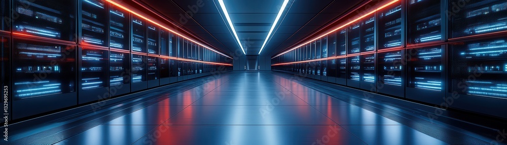 Poster computer security concept, futuristic data center corridor with glowing lights and servers.