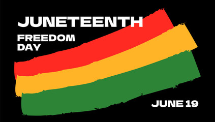 Obraz premium Juneteenth horizontal banner. Bold typography and African colors abstract flag. Vibrant vector celebrate Black Independence Day, unity and cultural heritage. Freedom, remembrance and patriotism flyer.