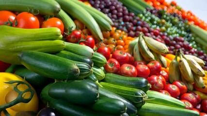 A vibrant market showcases a variety of fresh vegetables and fruits, including tomatoes, bananas, and zucchini, enticing shoppers