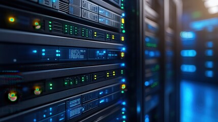Fototapeta premium computer security concept, Data servers with blue lights in a modern tech environment.