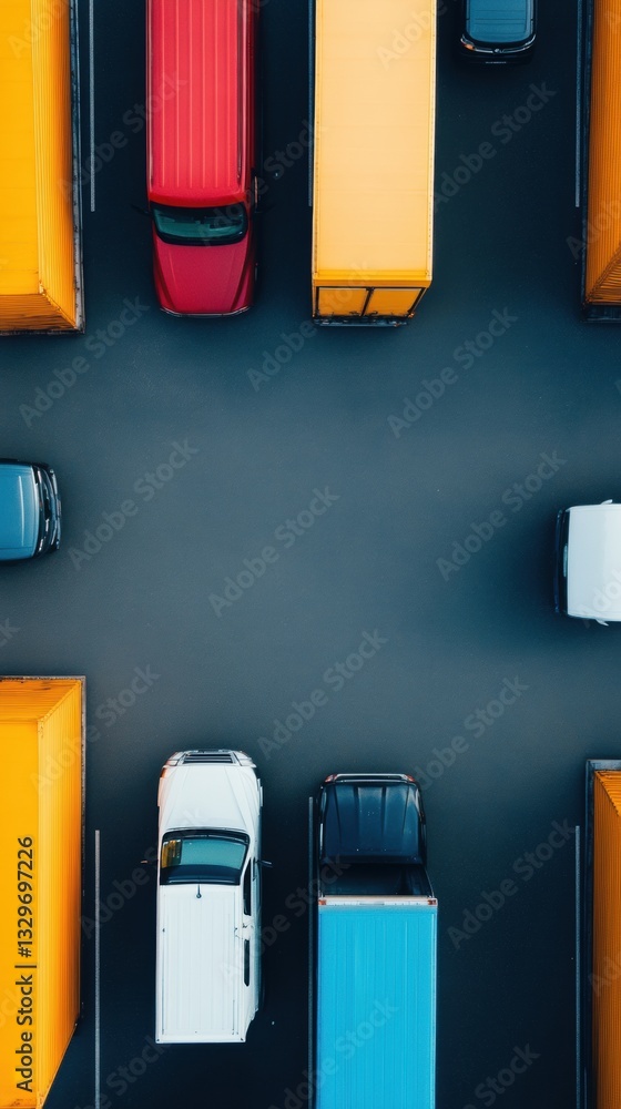 Poster AI-Powered Logistics Revolution Aerial View of Color-Coded Fleet Optimization Showcasing Next-Gen Supply Chain Intelligence and Digital Transformation Strategies