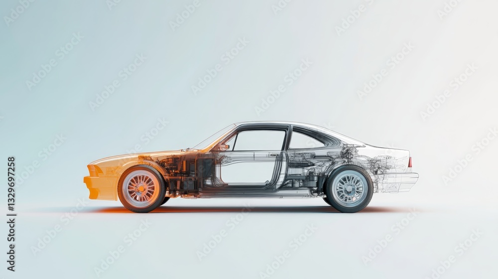 Poster high-tech car illustration showcasing transparent design and mechanical components in a modern studi