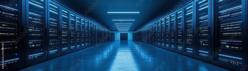 Poster computer security concept, futuristic server room with blue lighting and data racks.
