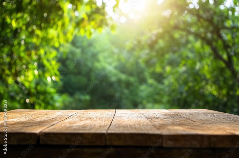Poster empty wooden table with blurred green bokeh background for product display