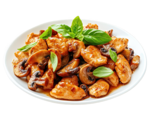 Delicious garlic butter chicken served with sauteed mushrooms and fresh basil, creating flavorful and appetizing dish perfect for any meal