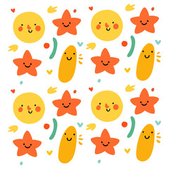 The pattern is a cute children's drawing of abstract shapes and objects