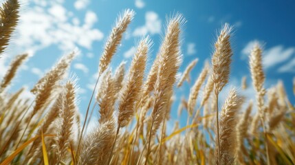 Fototapeta premium Gentle Breeze Through Golden Tall Grass Under Bright Blue Sky