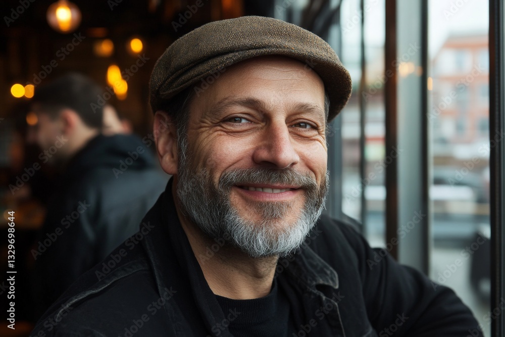 Aufkleber smiling man with a grey beard and flat cap enjoys a warm drink in a cozy cafe setting during the aft