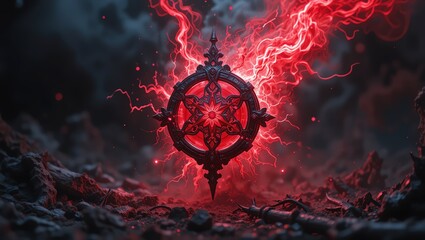 A striking red emblem radiates energy against a dark, chaotic backdrop, creating an intense visual experience for graphic design.