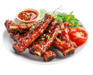 Crispy lamb ribs served with tangy sauce, garnished with herbs and vegetables. delicious dish perfect for meat lovers