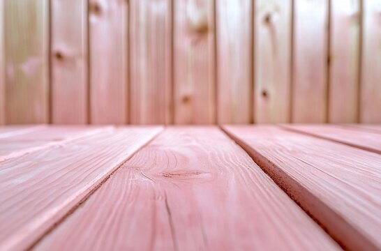 Pink wooden planks foreground, blurred wooden wall background, product display