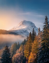 Obraz premium Snow-Covered Mountain Peak Surrounded by Dense Forest in Morning Light. Ai Generated