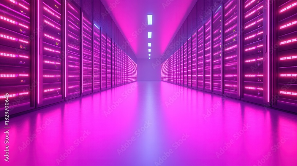 Poster computer security concept, futuristic hallway with glowing lights and server racks.