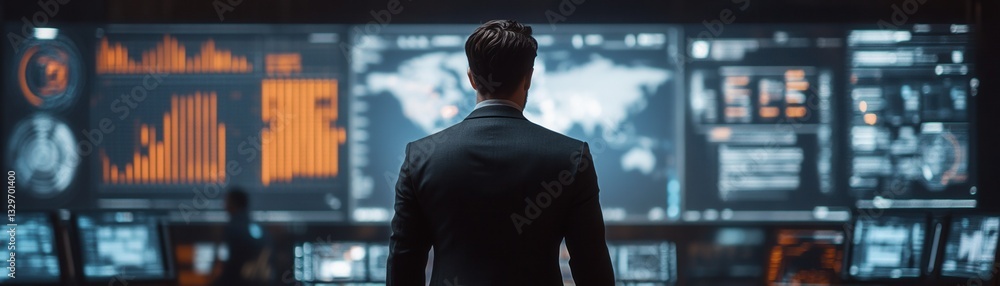 Poster computer security concept, business professional analyzing data on multiple screens.