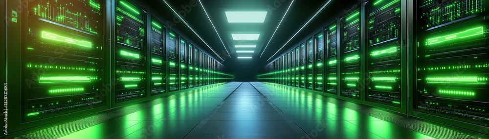 Aufkleber computer security concept, futuristic data center with glowing green servers.