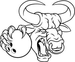 A bull or Minotaur monster longhorn cow angry mean ten pin bowing mascot cartoon.