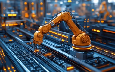 Orange robotic arm on assembly line