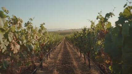 Fototapeta premium Vineyard Rows at Sunset Golden Hour in a Grape Plantation
