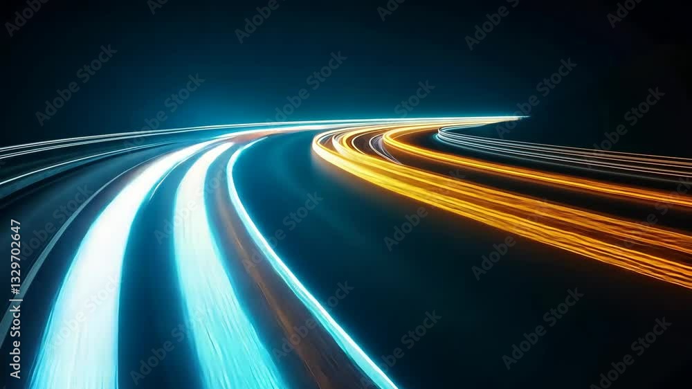 Poster nighttime highway illuminated by colorful streaks of light from passing vehicles creates a dynamic v