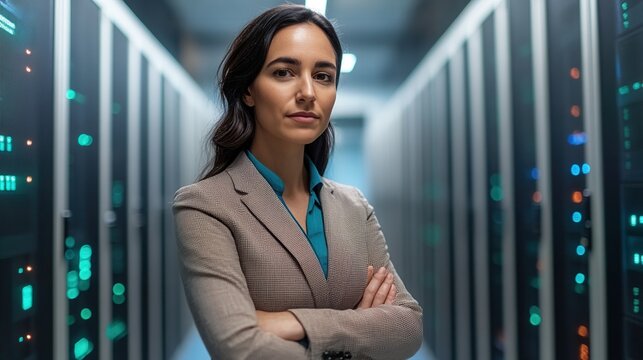 computer security concept, Professional woman in a data center showcasing technology expertise.