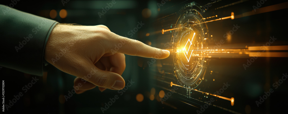 Poster hand touching digital interface with glowing elements and technology