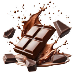 Chocolate splash on chocolate bar isolated on transparent background