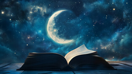 Naklejka premium magical open book in front of moon at night. dream fantasy art illustration