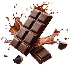 Chocolate splash on chocolate bar isolated on transparent background