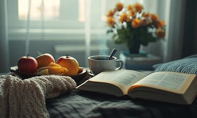 Cozy morning scene featuring a book, fresh fruits, and a steaming cup of coffee on a bed - Powered by Adobe